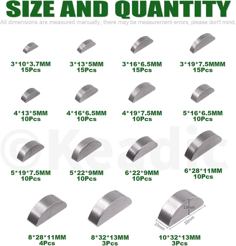 Keadic 150Pcs 15 Metric Sizes Woodruff Key Assortment Set, Carbon Steel Half Moon Gear Shaft Drive Semicircle Bond Key Pulley Crank Hardware Accessories for Mechanical Industry Fasteners - Image 2